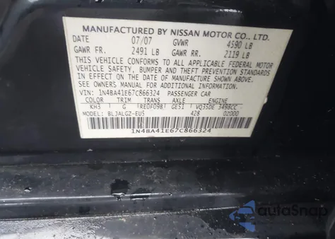 2007 Nissan Maxima 3.5 Sl из США, поврежденный, VIN 1N4BA41E67C866324